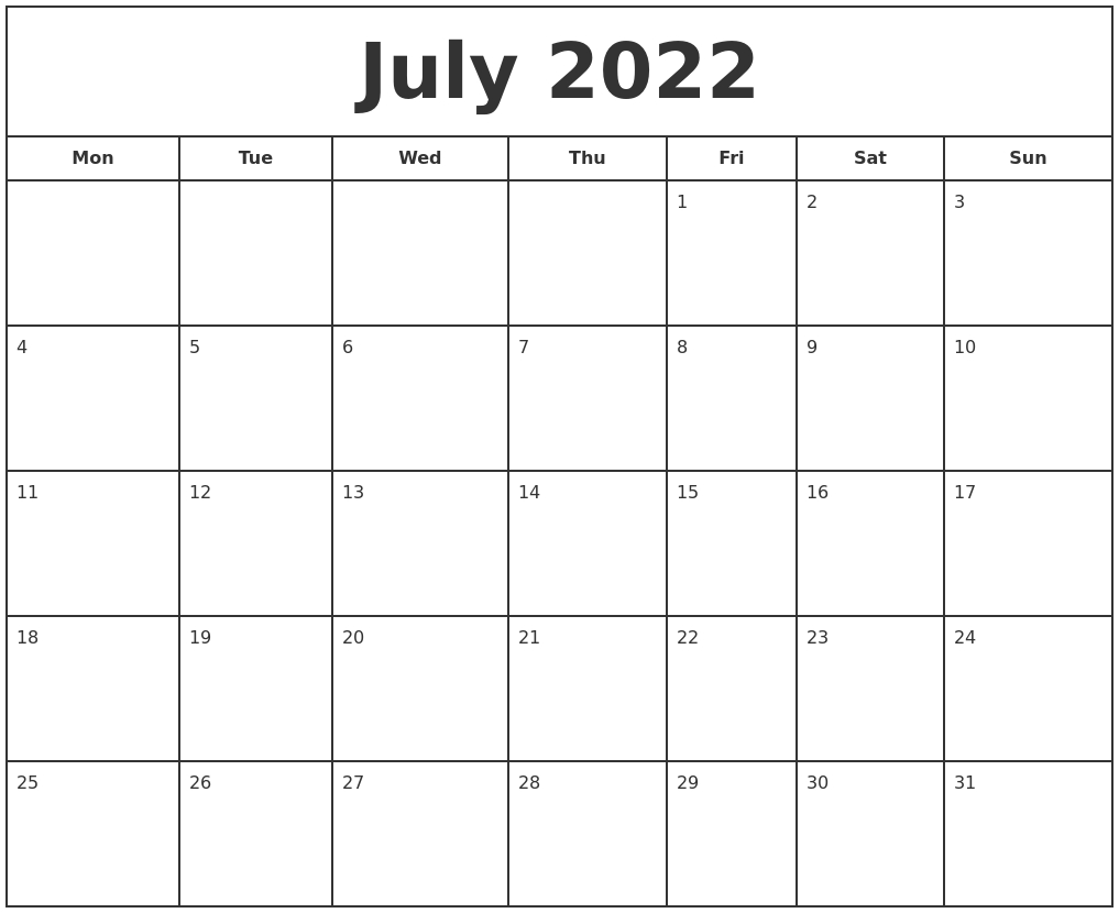 July 2022 Print Free Calendar