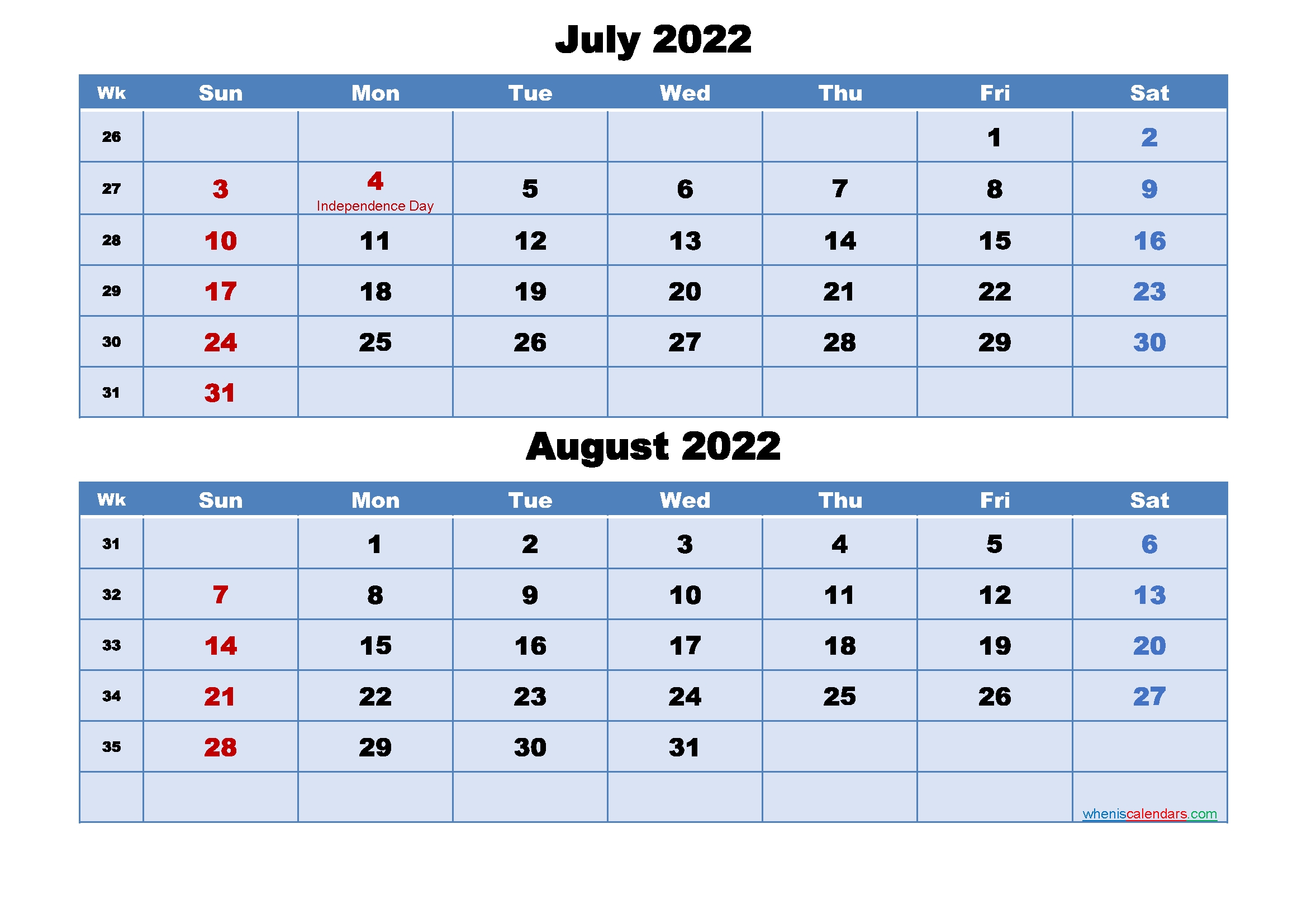 July And August 2022 Calendar With Holidays - Free