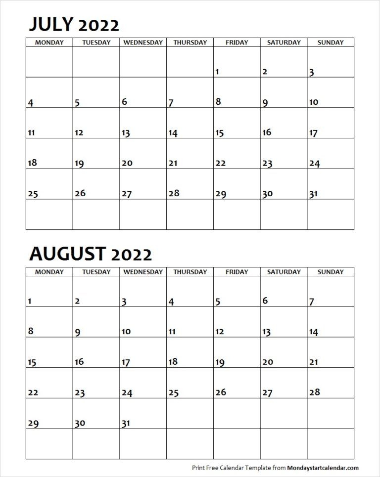 July August 2022 Calendar Monday Start | Editable Two