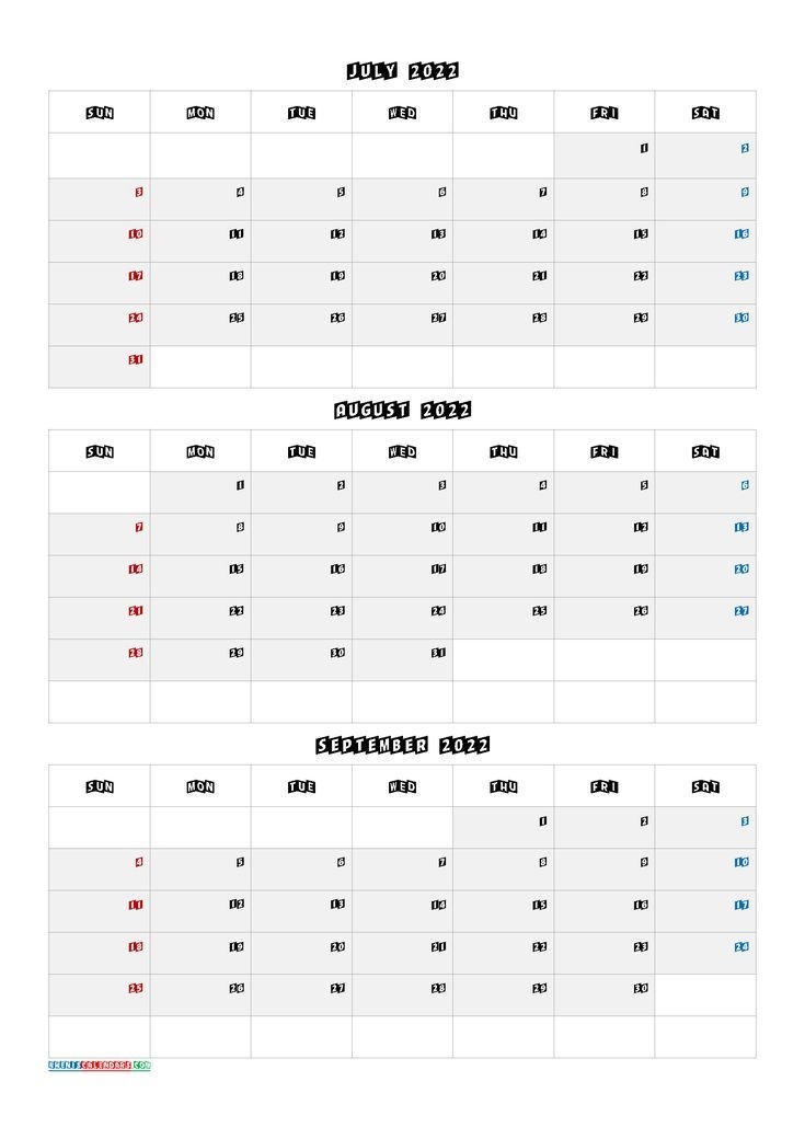 July August September 2022 Printable Calendar [Q1-Q2-Q3-Q4