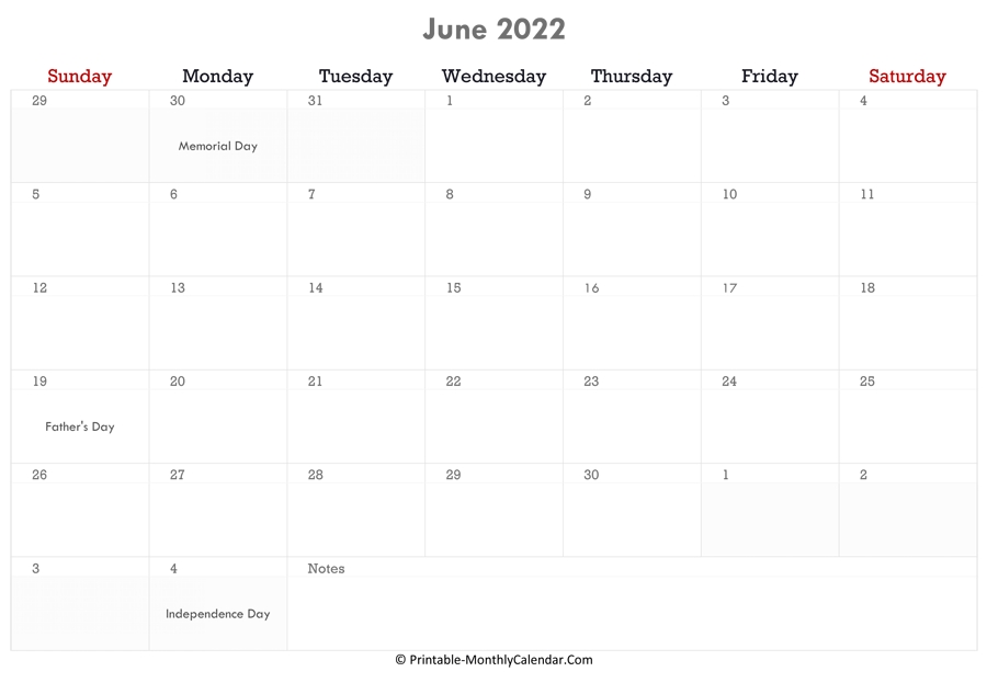 June 2022 Calendar Printable With Holidays