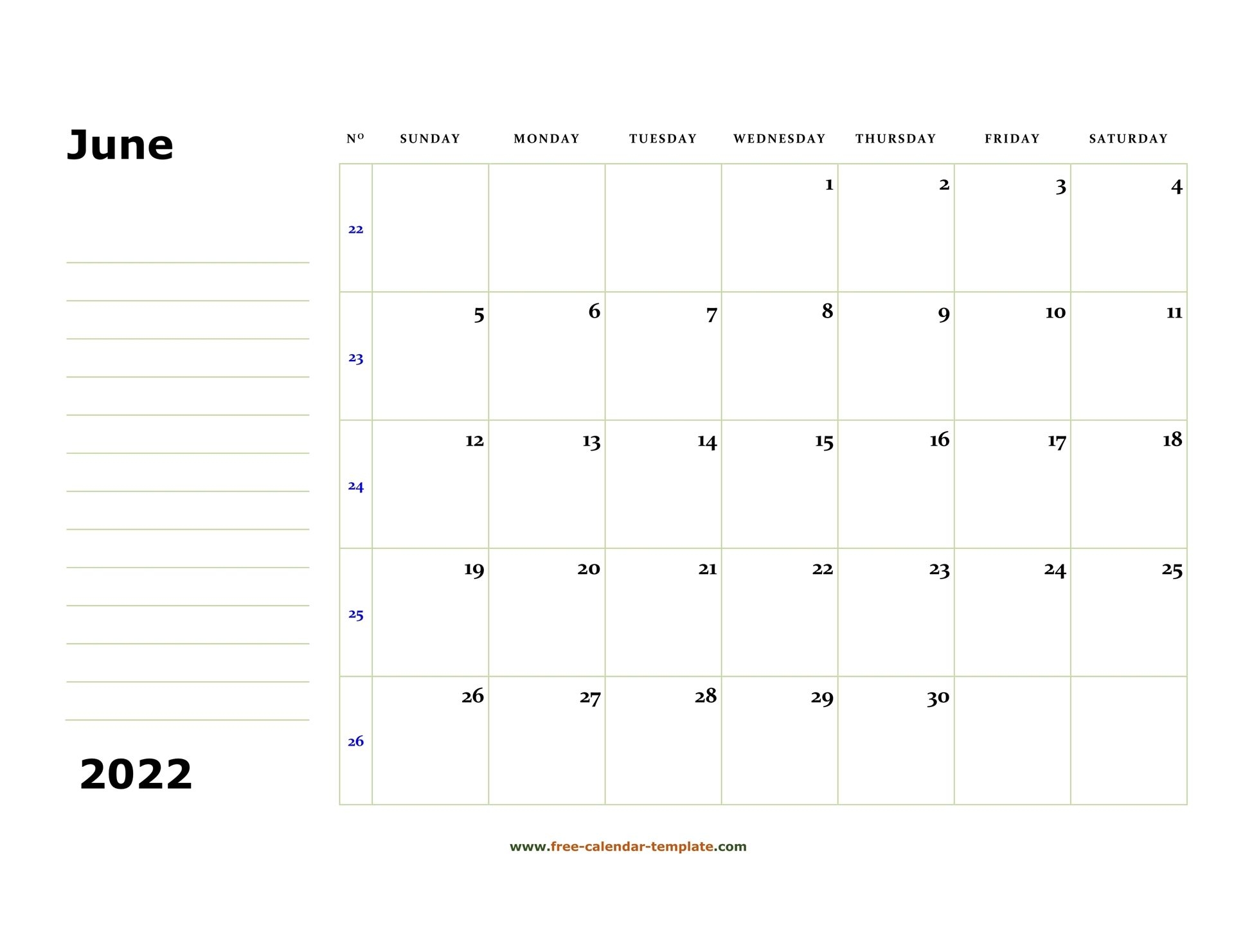 June 2022 Free Calendar Tempplate | Free-Calendar-Template