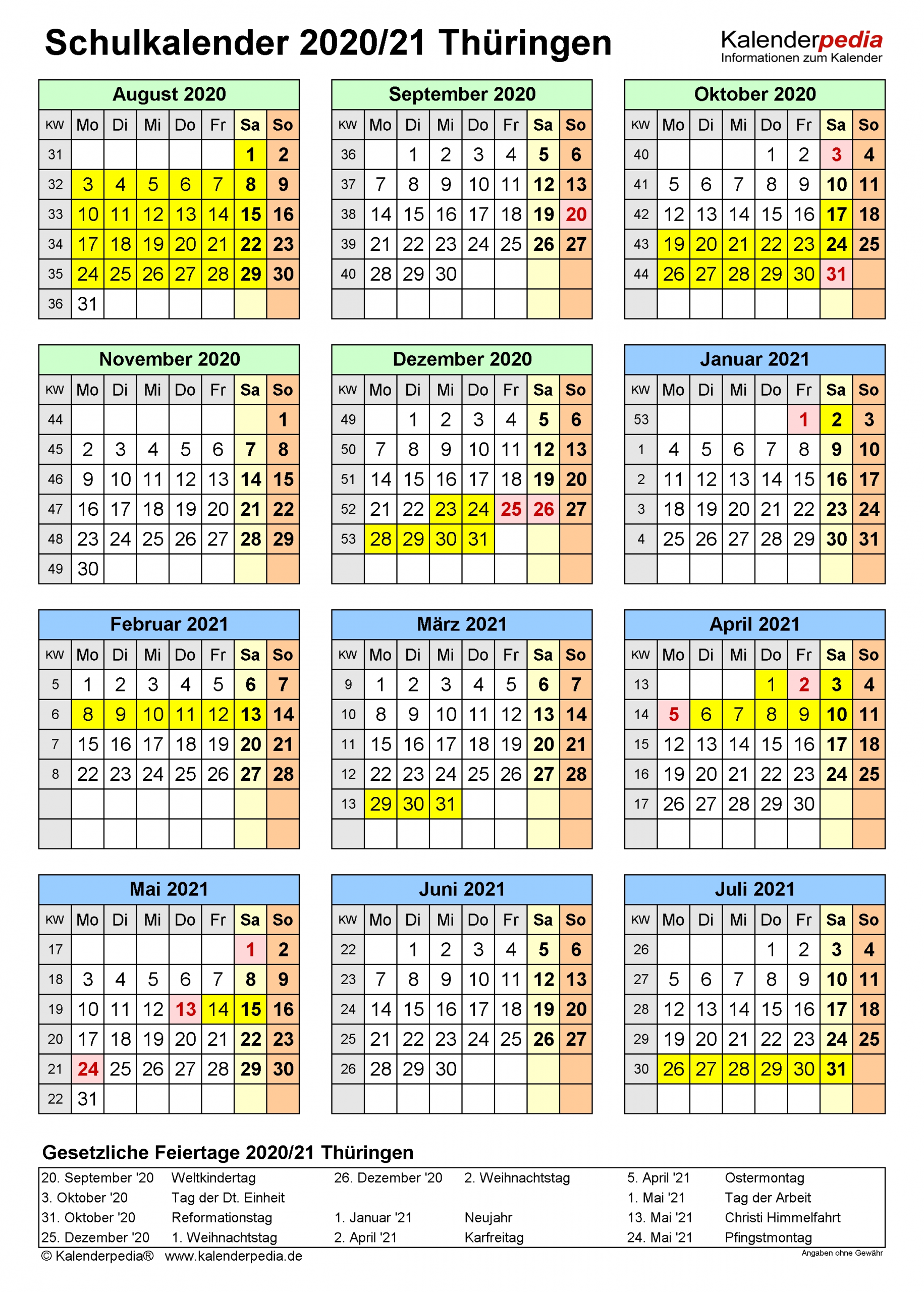 Kalender 2021 Thüringen - Kalender 2021 Ferien Thüringen