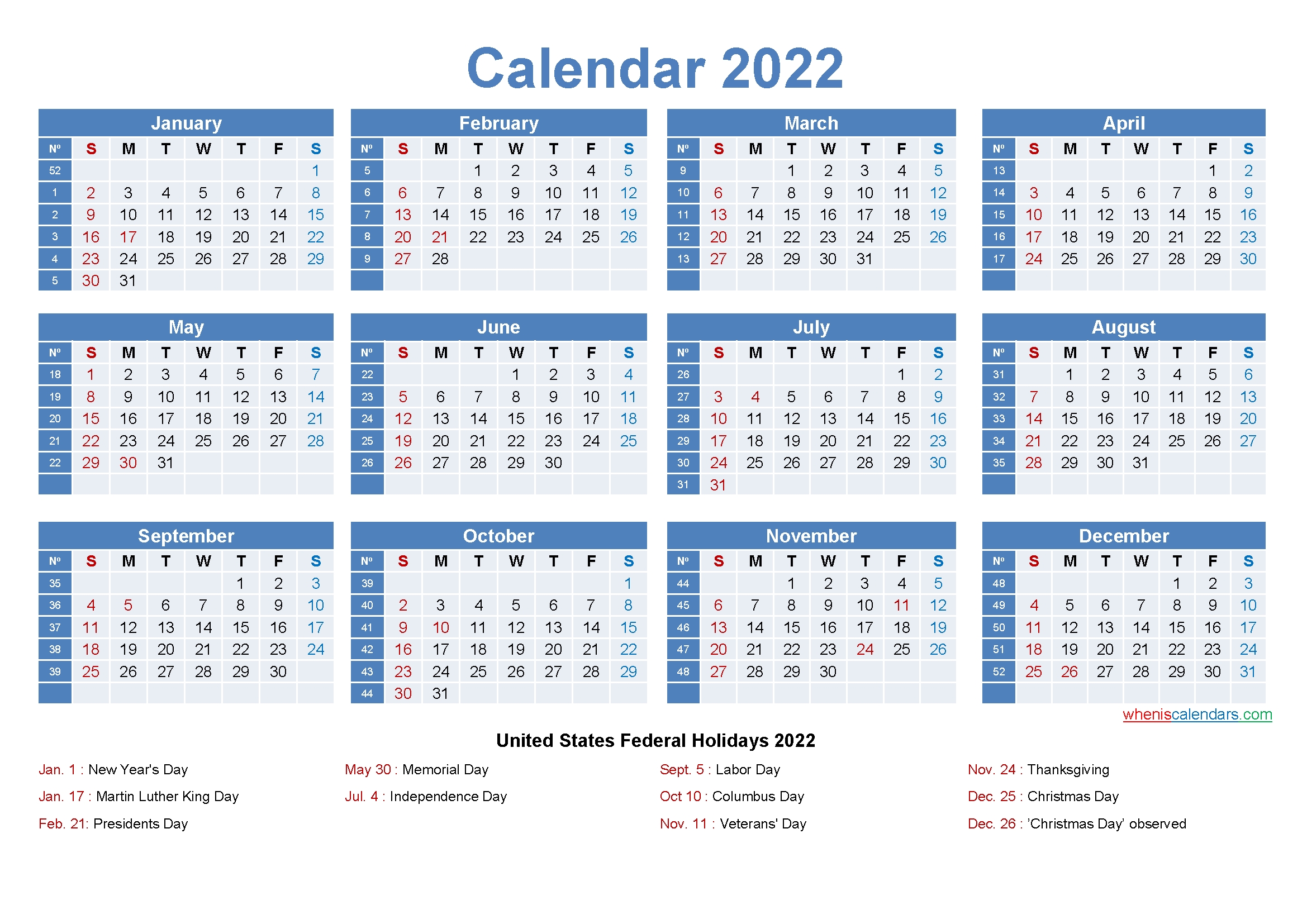 Large Desk Calendar 2022 With Holidays