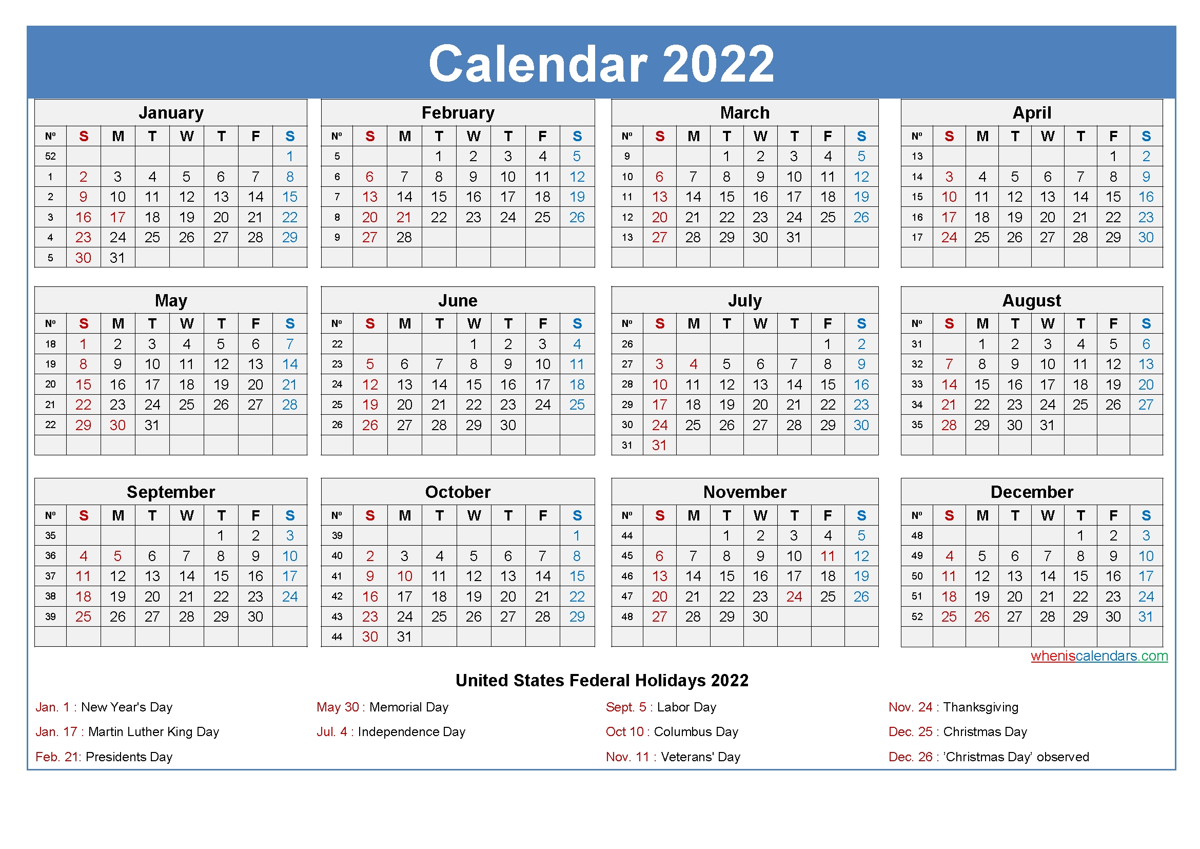 Large Desk Calendar 2022 With Holidays