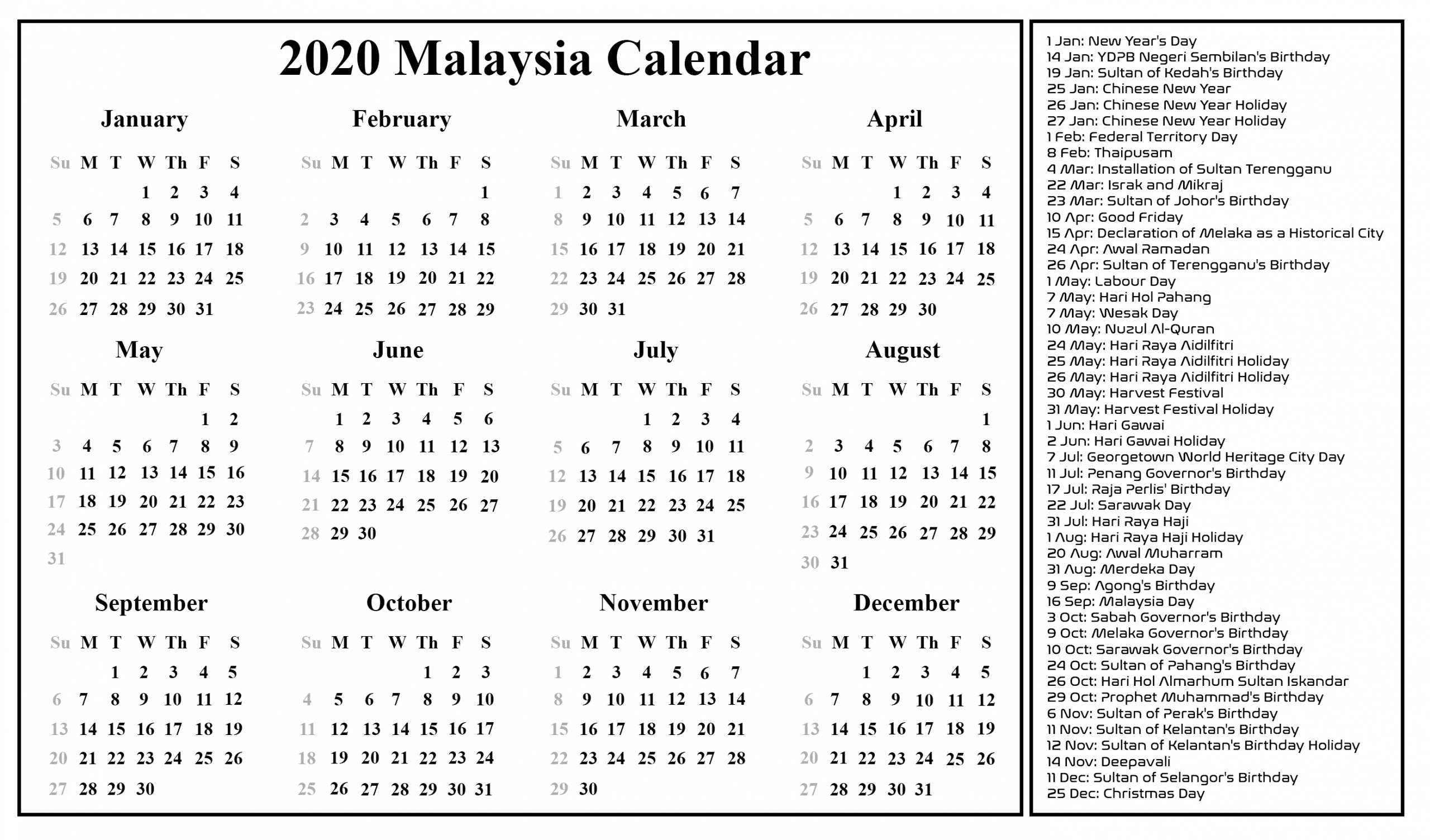 Malaysia Calendar 2020 Printable | Calendar 2020