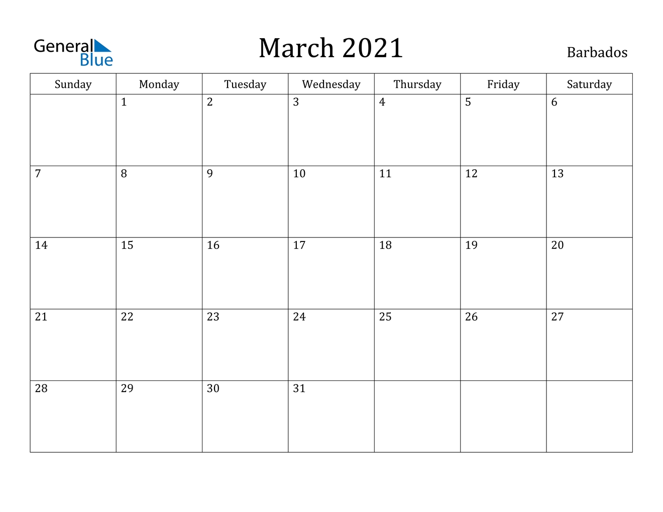 March 2021 Calendar - Barbados