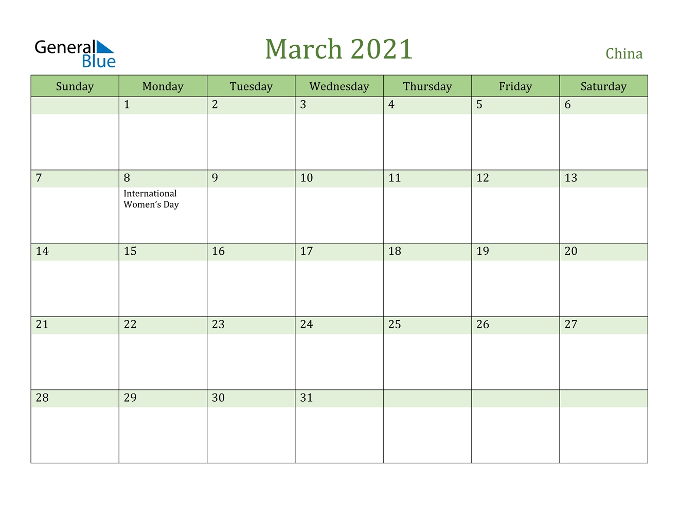 March 2021 Calendar - China