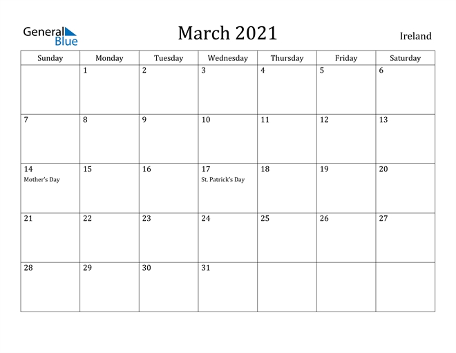 March 2021 Calendar - Ireland