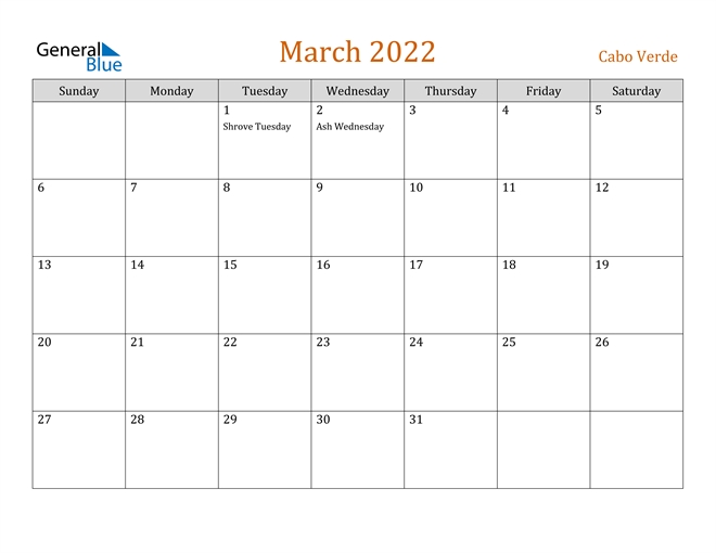 March 2022 Calendar - Cabo Verde