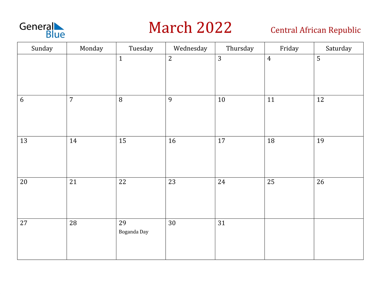 March 2022 Calendar - Central African Republic