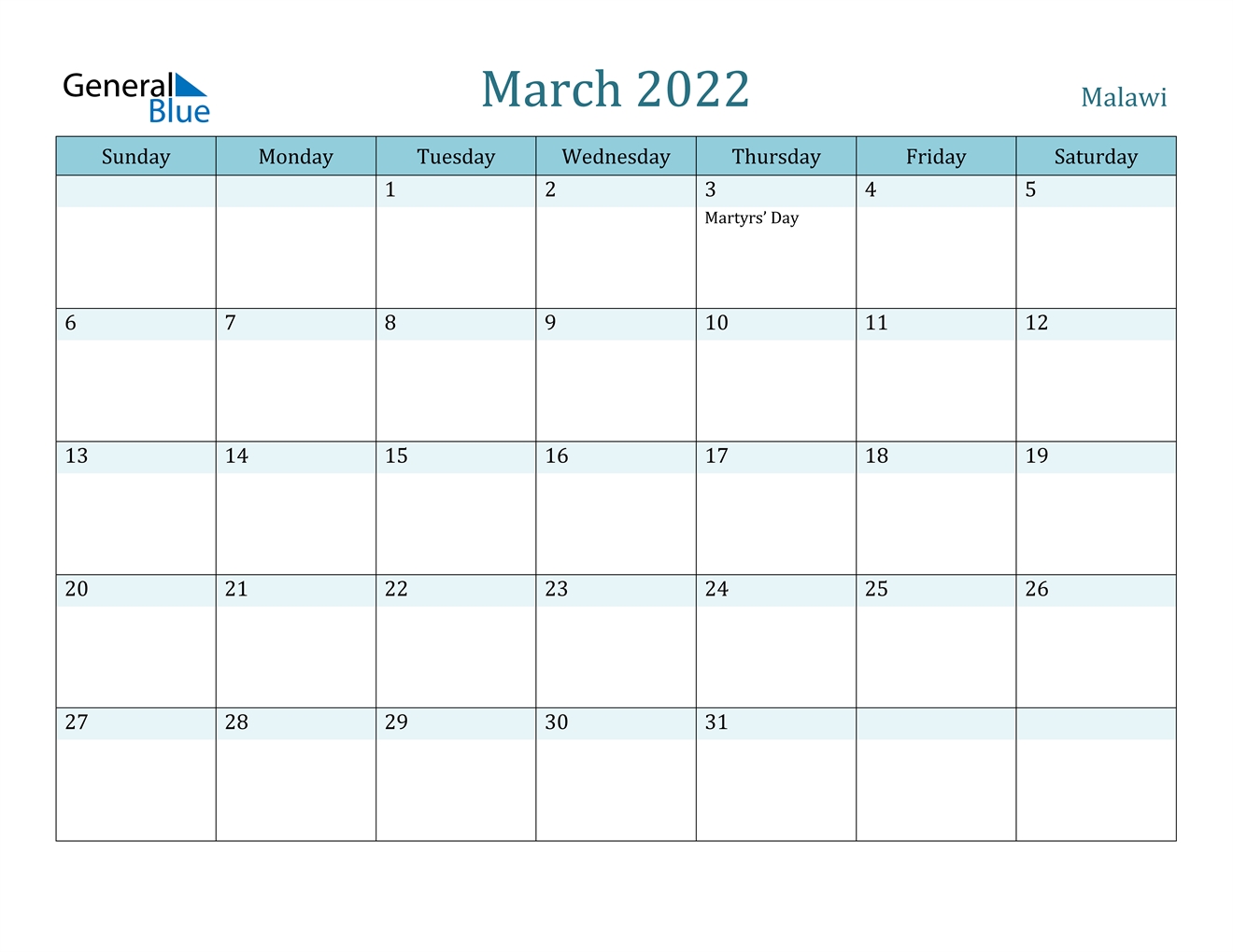 March 2022 Calendar - Malawi