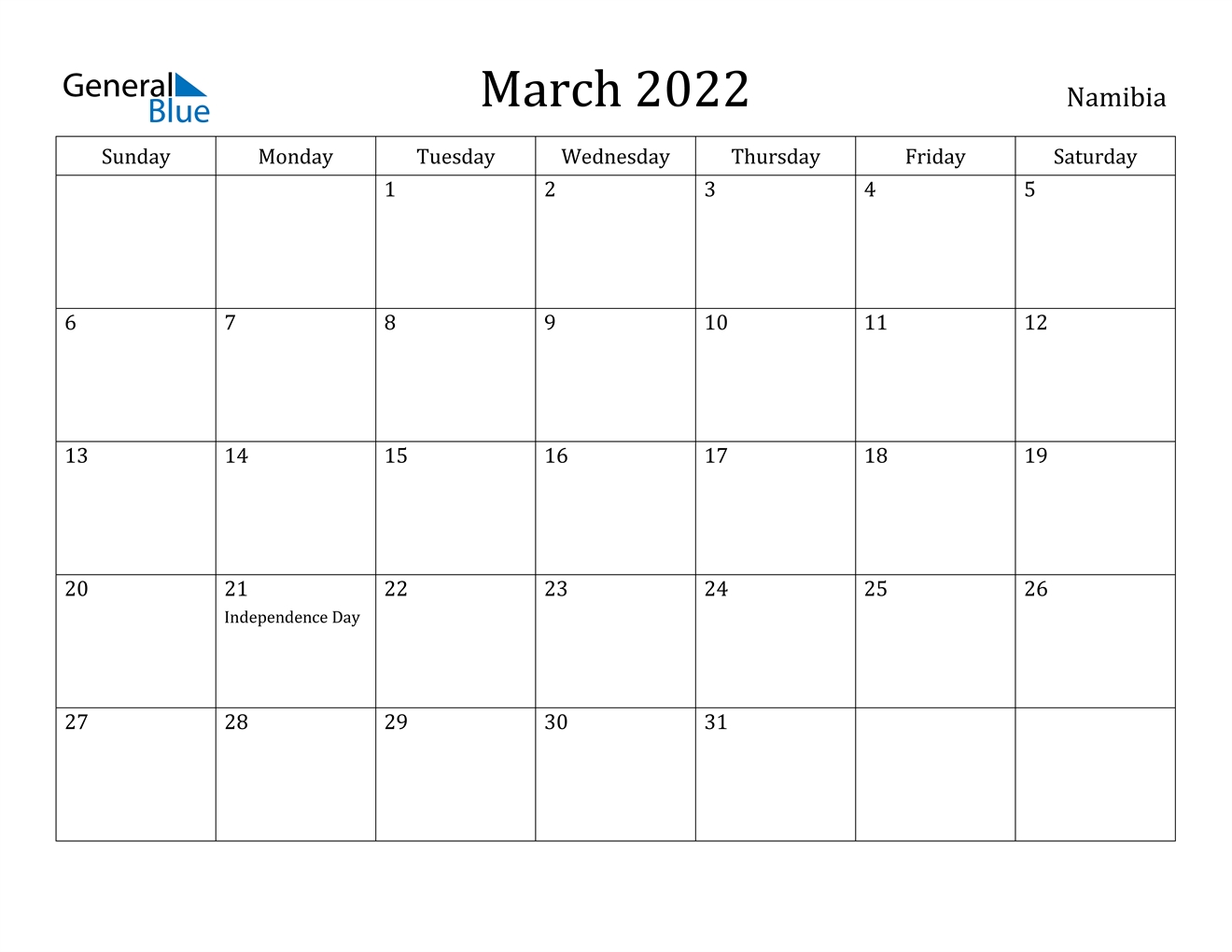 March 2022 Calendar - Namibia