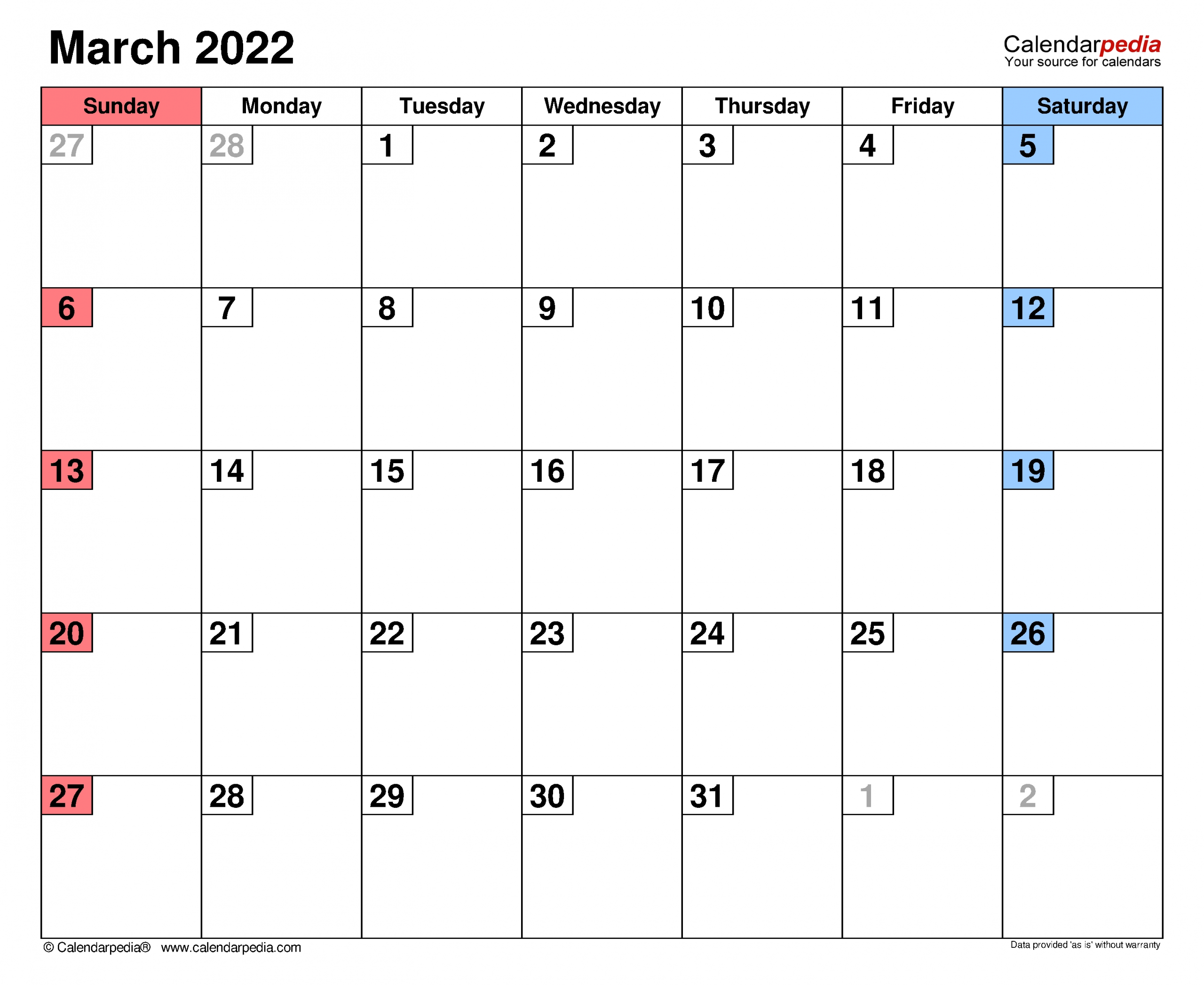 March 2022 Calendar | Templates For Word, Excel And Pdf