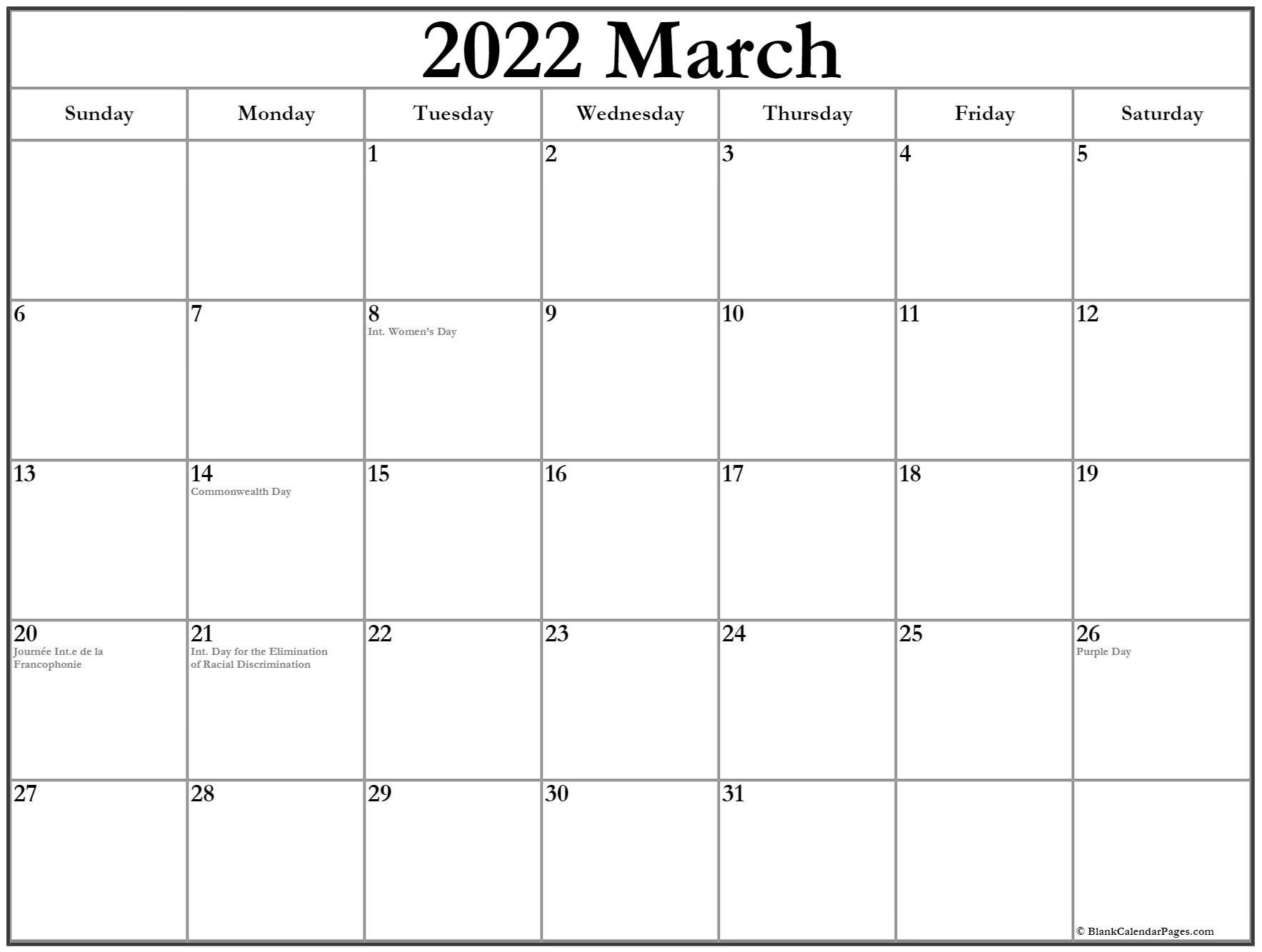 March 2022 Calendar With Holidays