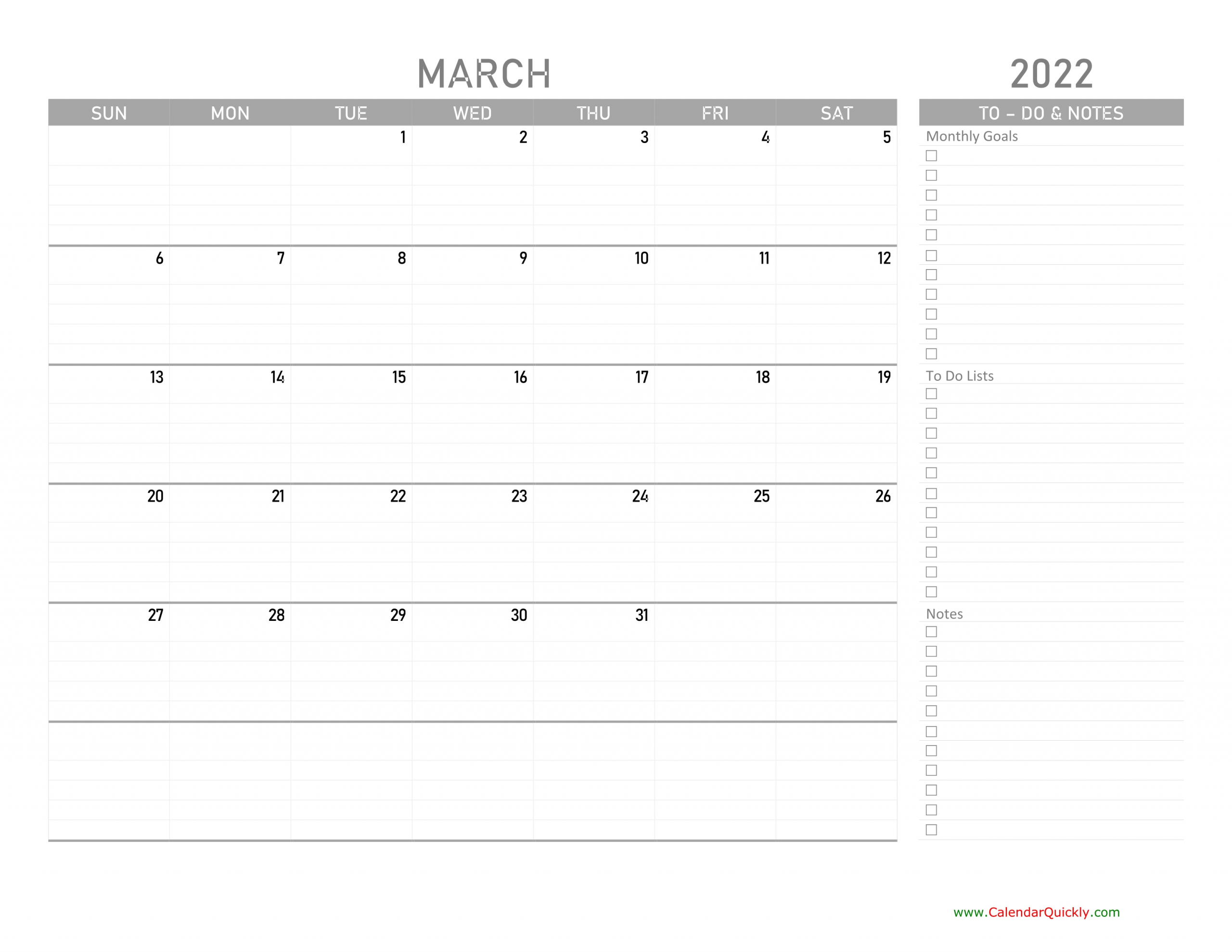 March 2022 Calendar With To-Do List | Calendar Quickly