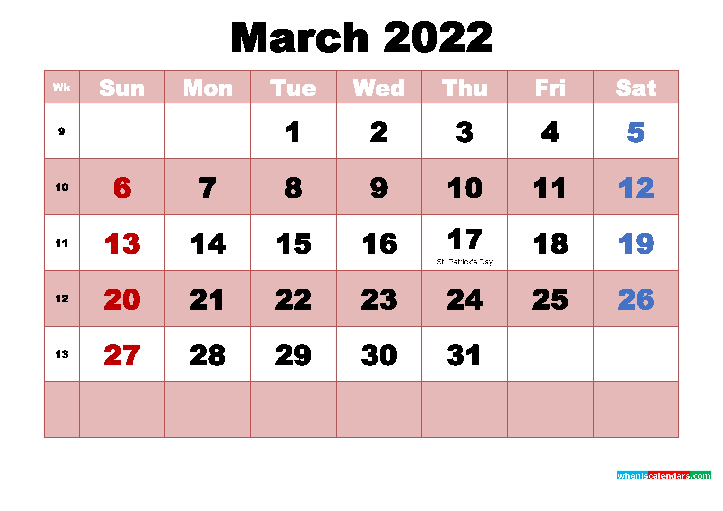March 2022 Printable Monthly Calendar With Holidays | Free
