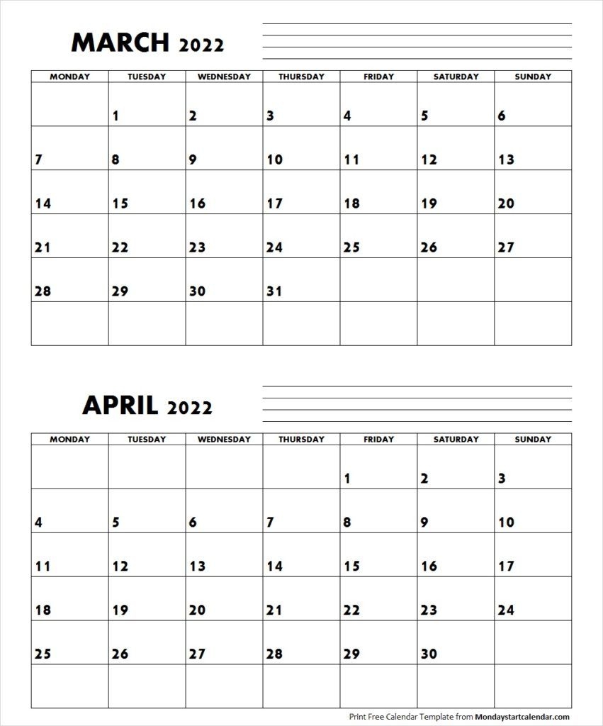 March April 2022 Calendar Monday Start | Editable Two