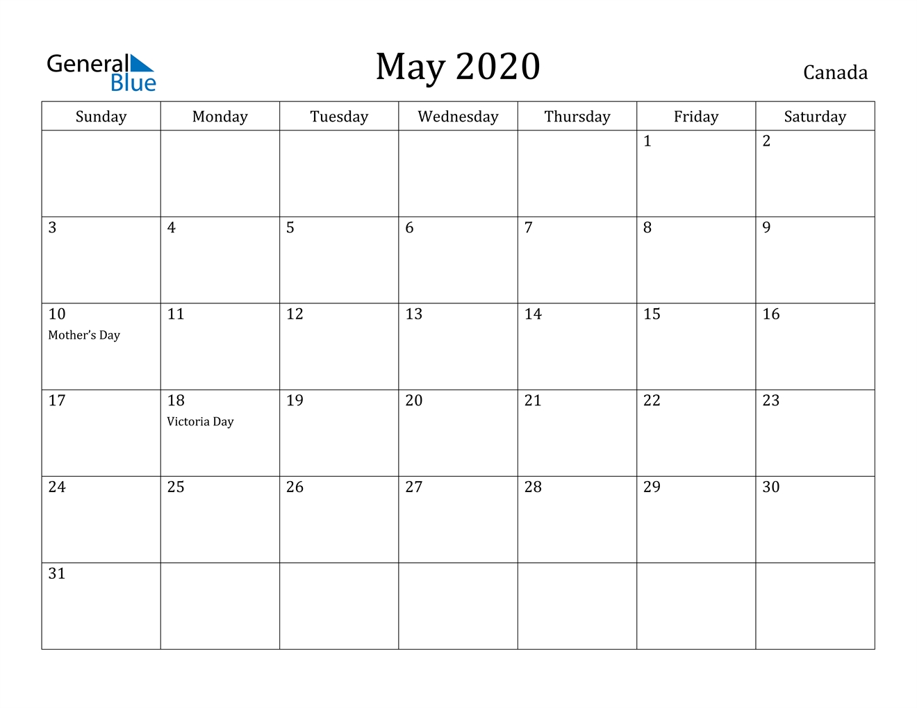 May 2020 Calendar - Canada
