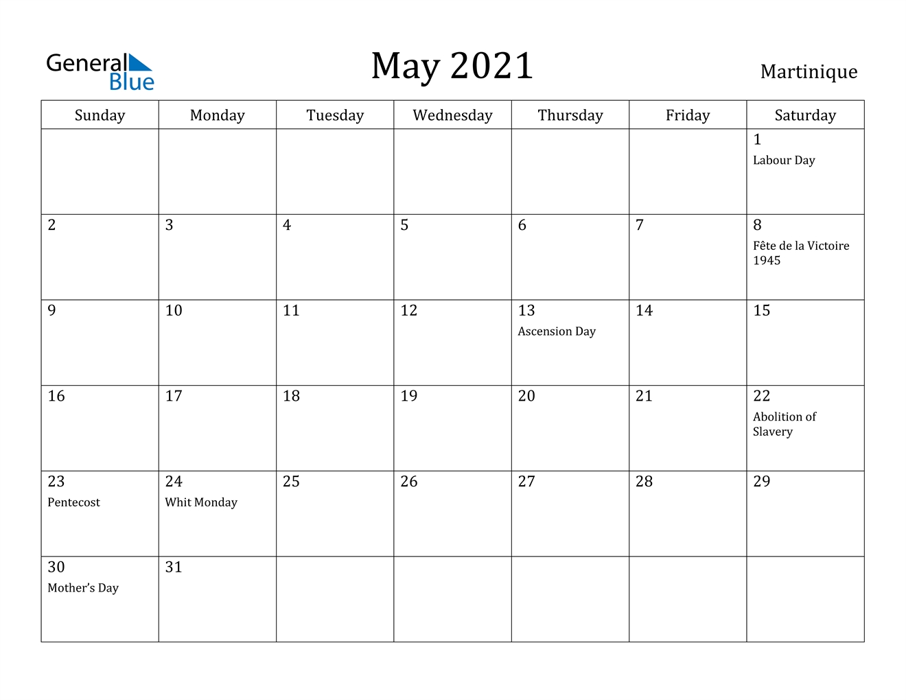 May 2021 Calendar - Martinique