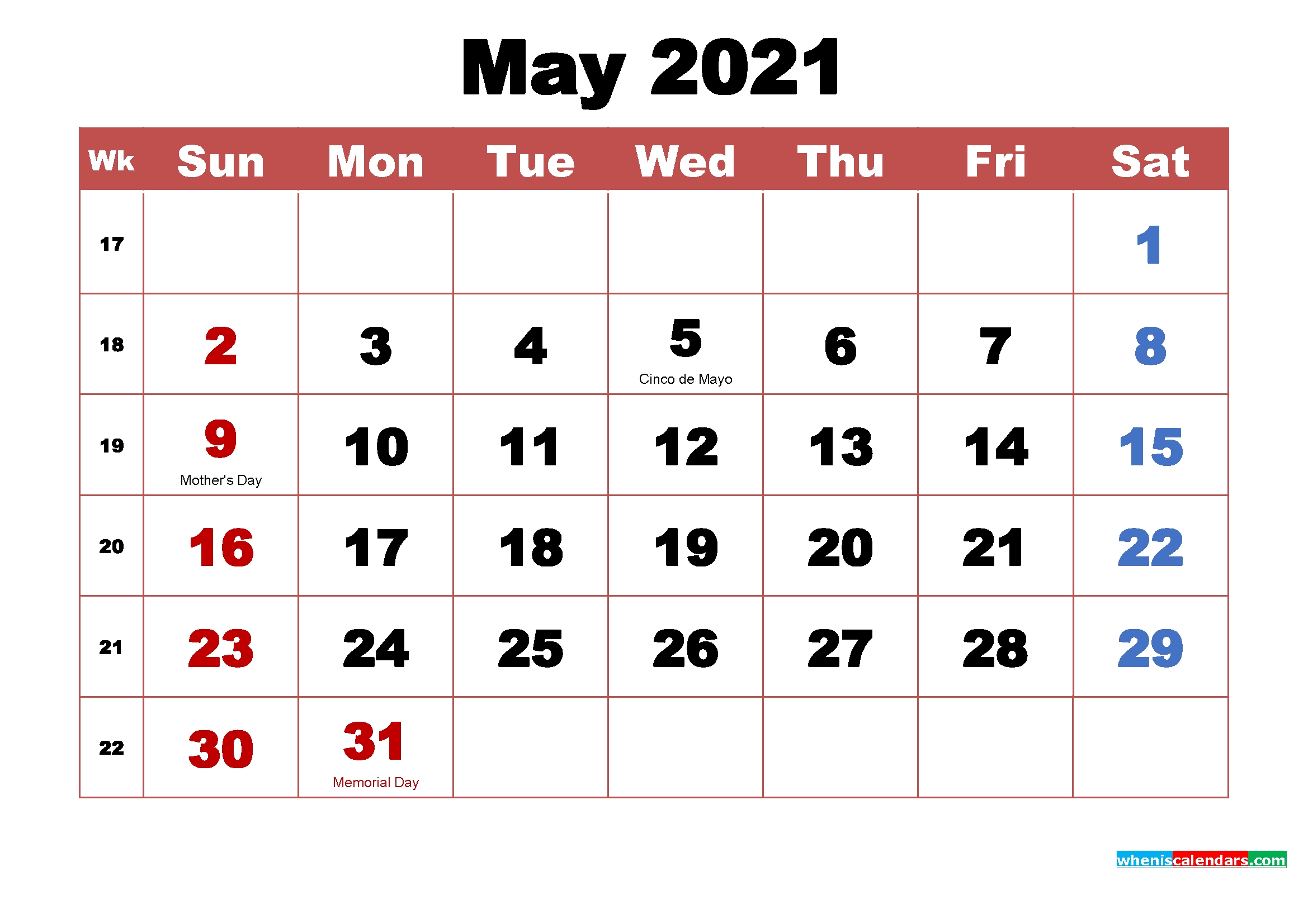 May 2021 Holiday Calendar | Printable March