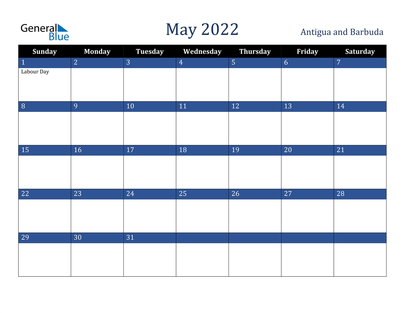 May 2022 Calendar - Antigua And Barbuda