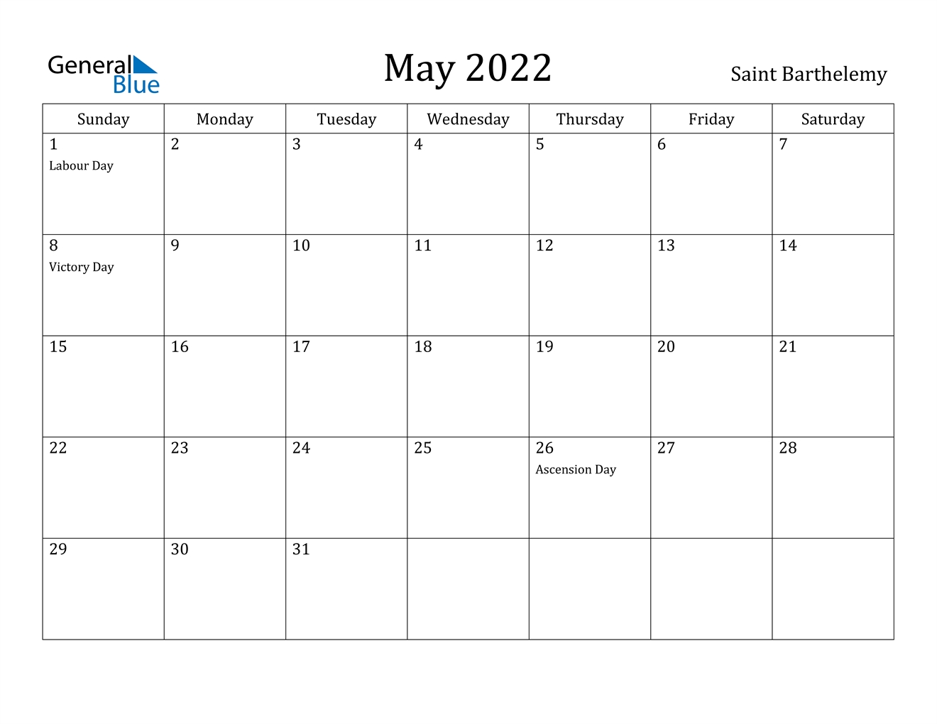 May 2022 Calendar - Saint Barthelemy