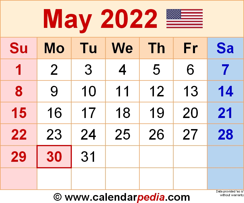 May 2022 - Calendar Templates For Word, Excel And Pdf