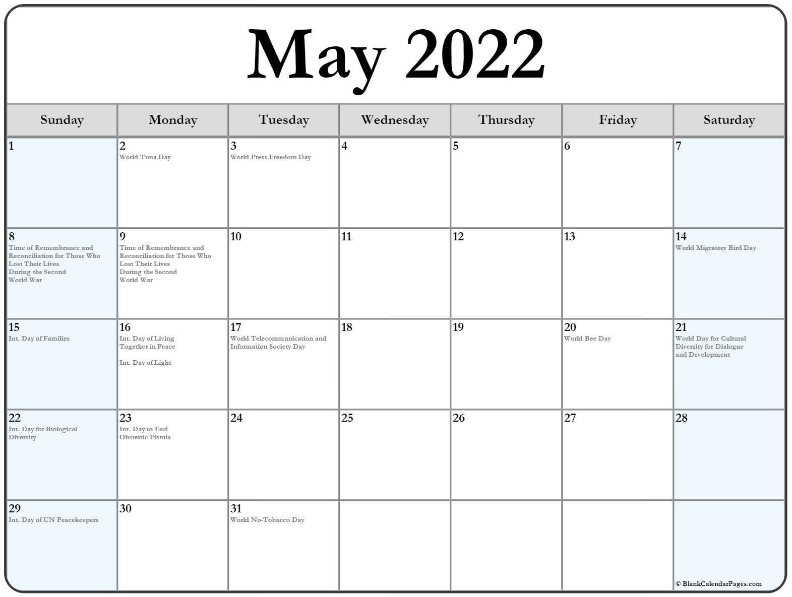 May 2022 Calendar With Holidays