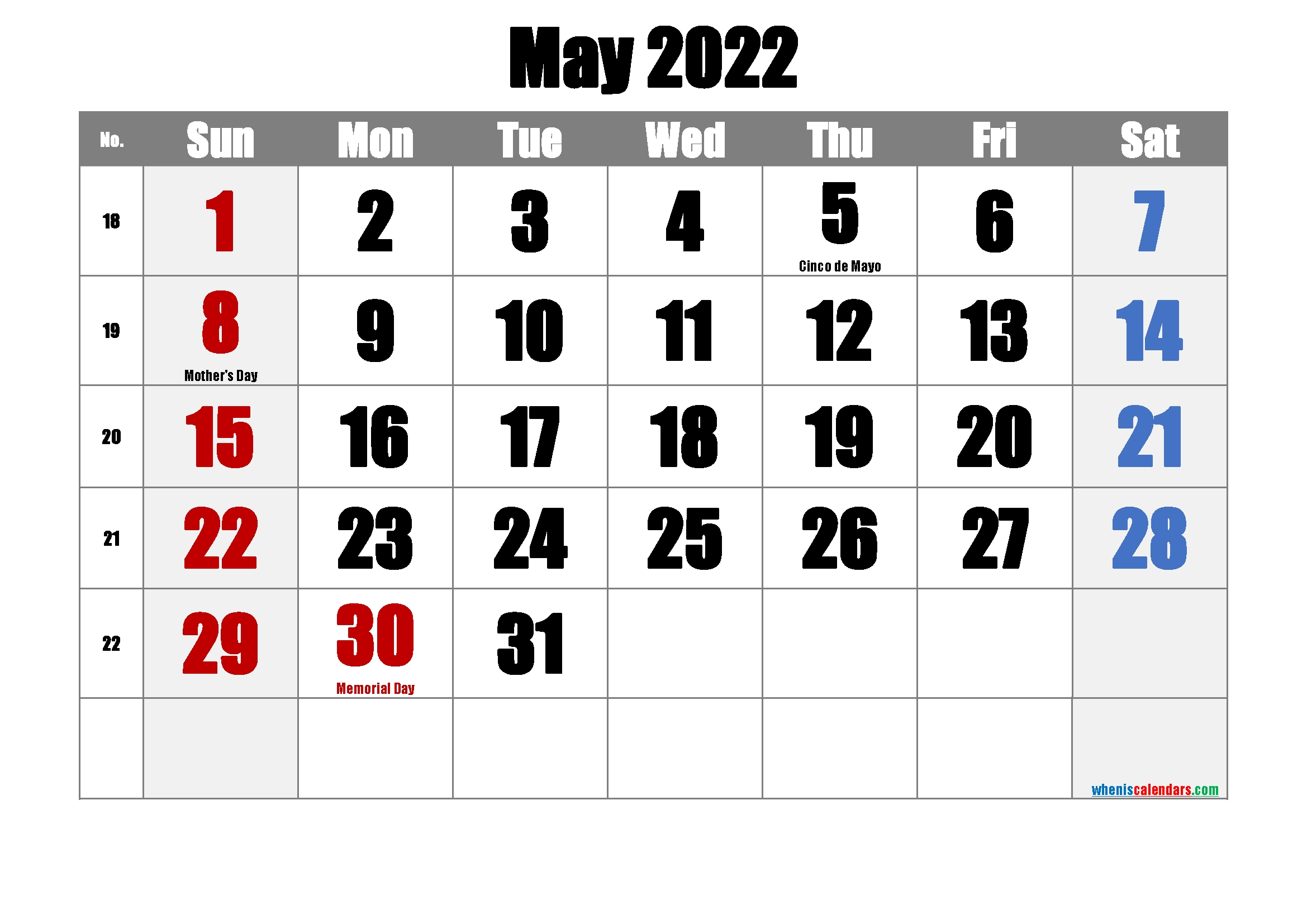 May 2022 Printable Calendar With Holidays - 6 Templates