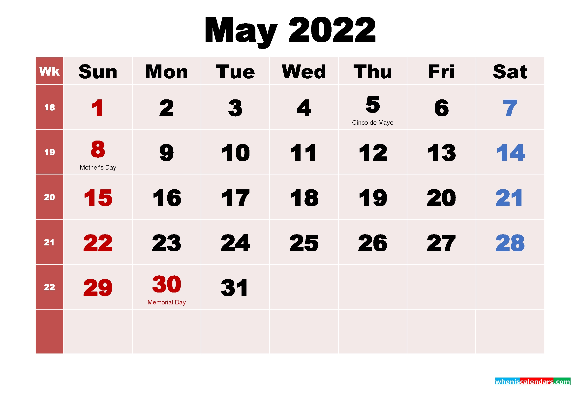 May 2022 Printable Calendar With Holidays