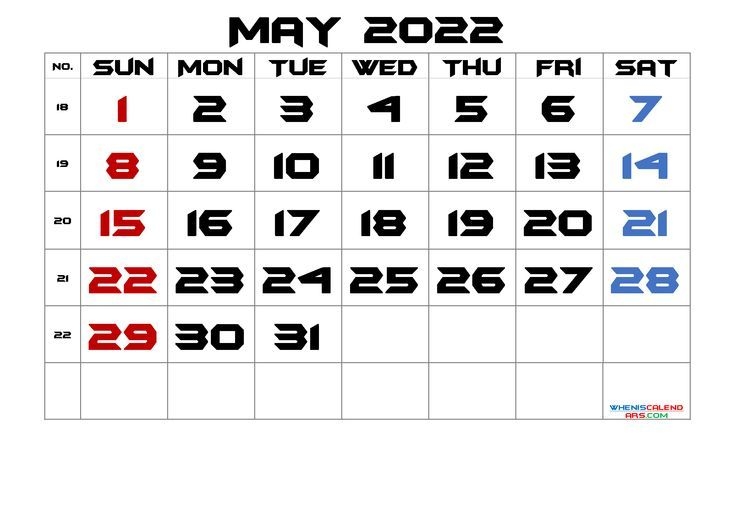 May 2022 Printable Calendar With Week Numbers - 6