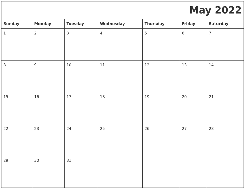 May 2022 Printable Calender