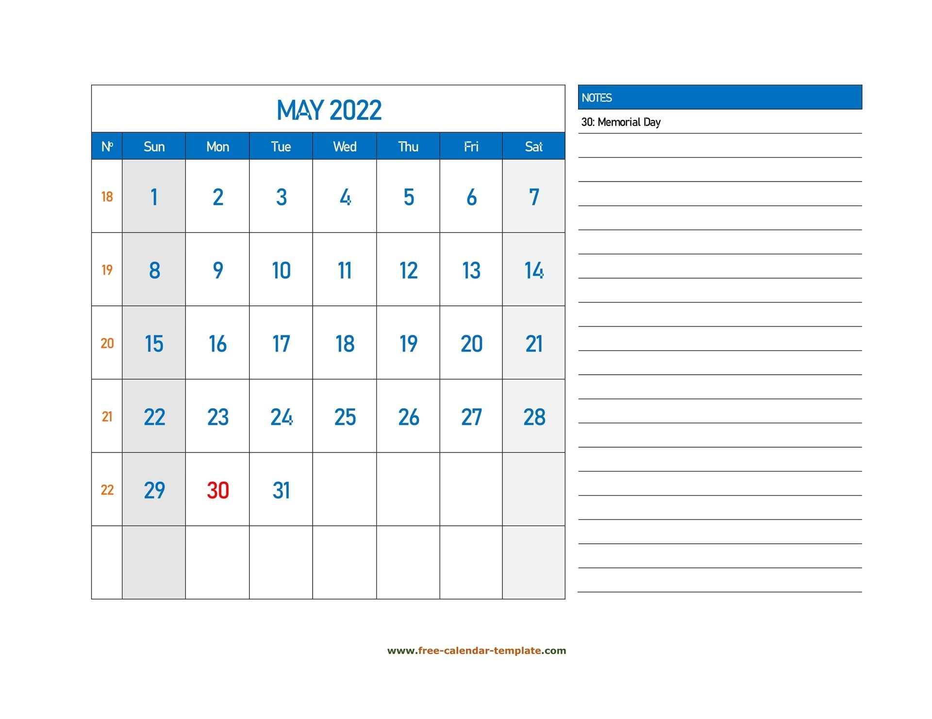 May Calendar 2022 Grid Lines For Holidays And Notes