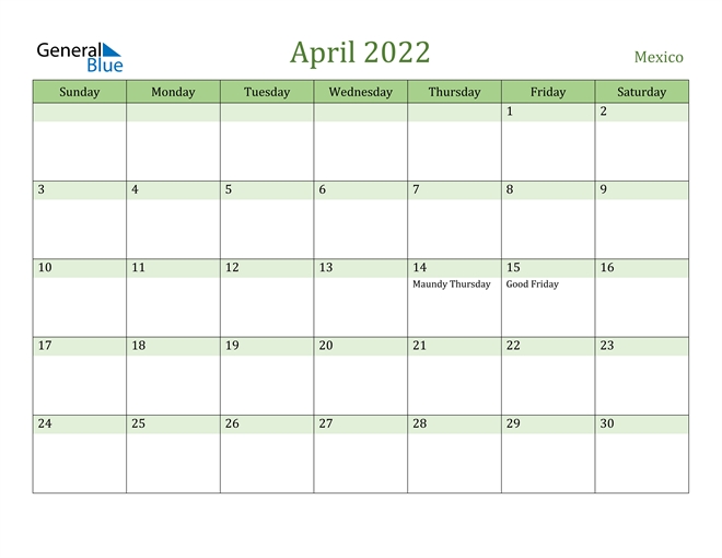 Mexico April 2022 Calendar With Holidays