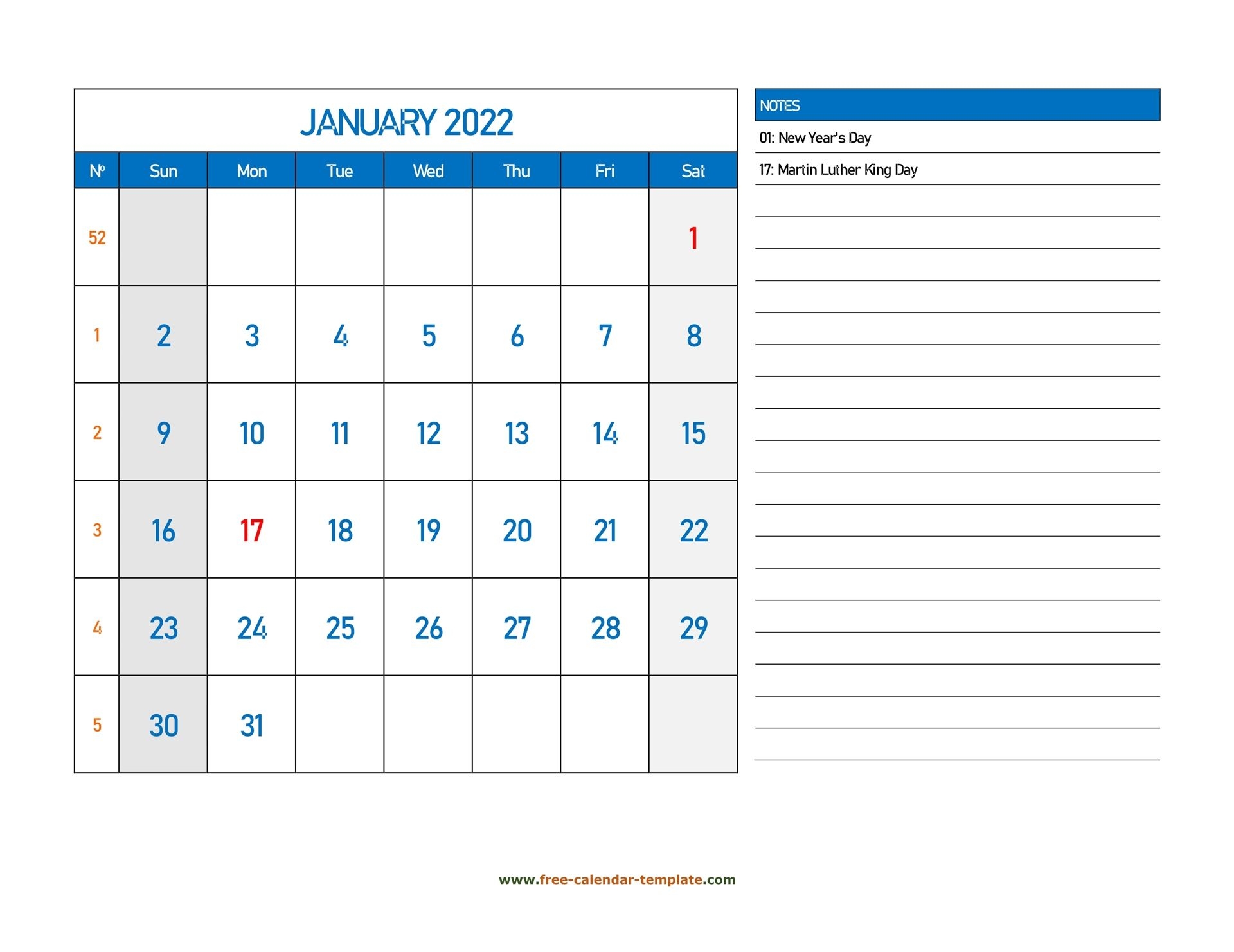 Monthly Calendar 2022 Grid Lines For Holidays And Notes