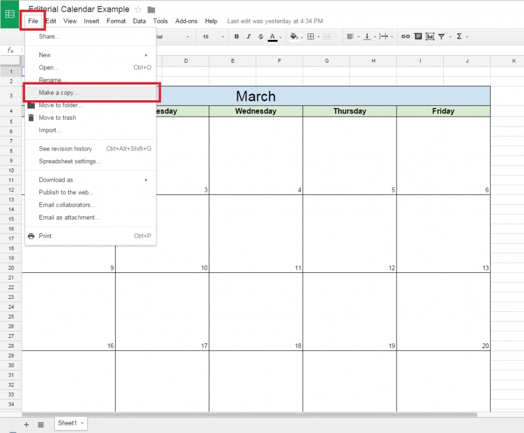 Monthly Calendar Google Sheets | Calendar Template Printable