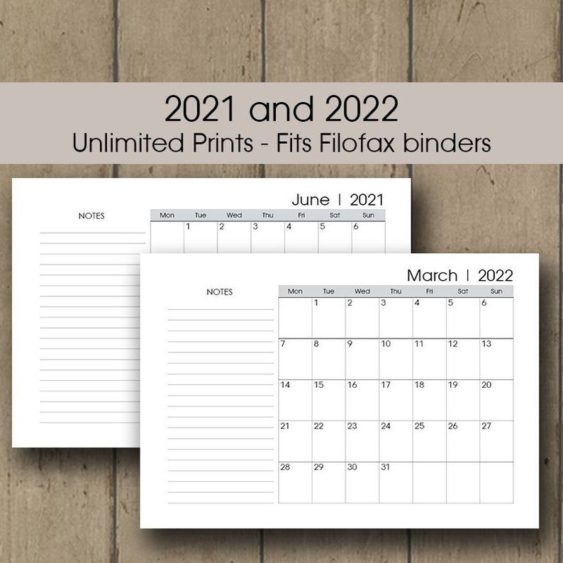 Monthly Planner Printable Filofax 2021 2022 Calendar