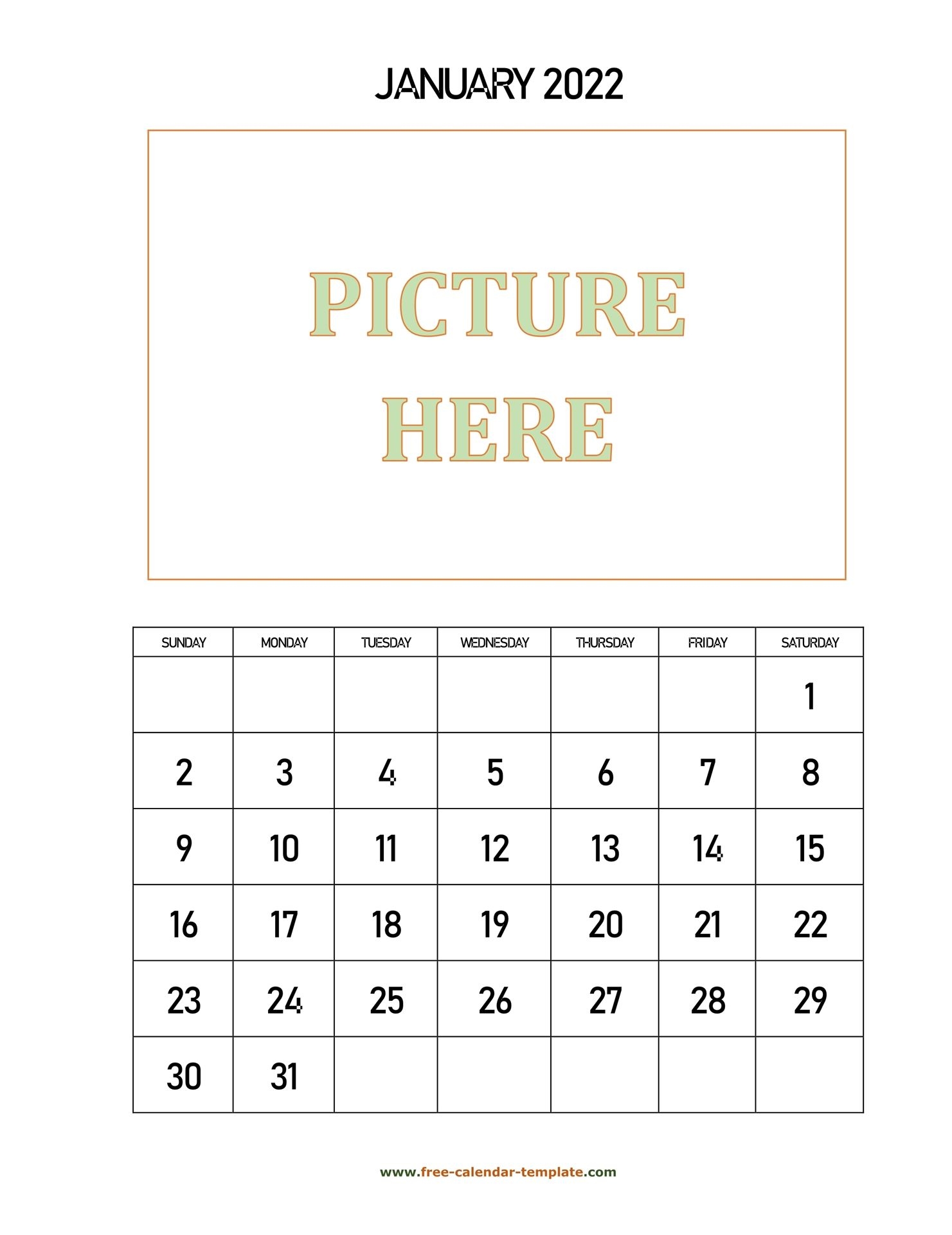 Monthly Printable 2022 Calendar, Space For Add Picture