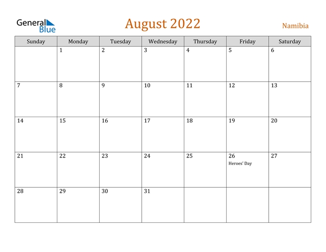 Namibia August 2022 Calendar With Holidays