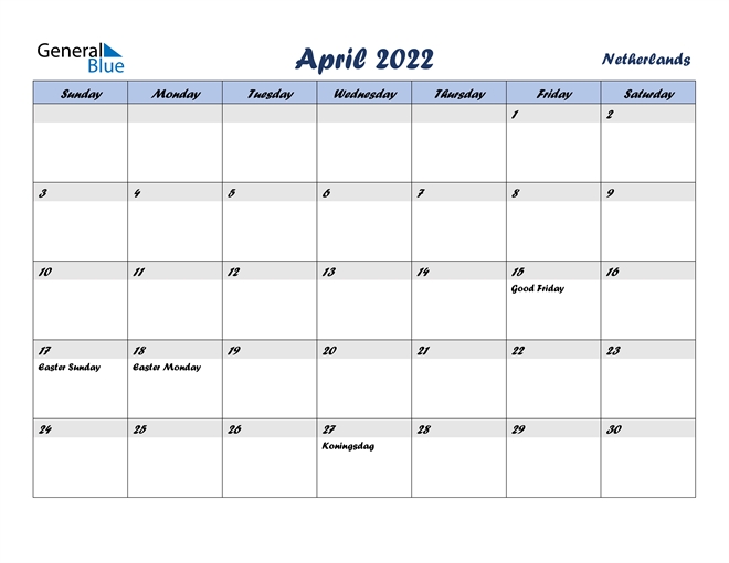 Netherlands April 2022 Calendar With Holidays