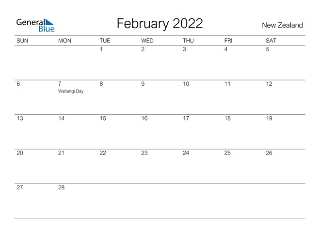 New Zealand February 2022 Calendar With Holidays