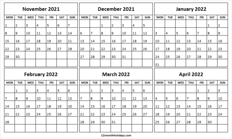 November 2021 To April 2022 Calendar - Printable Calendar 2021