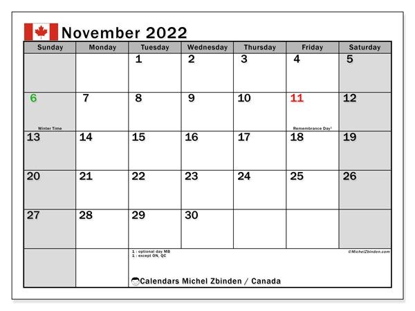 November 2022 Calendars &quot;Public Holidays&quot; - Michel Zbinden En