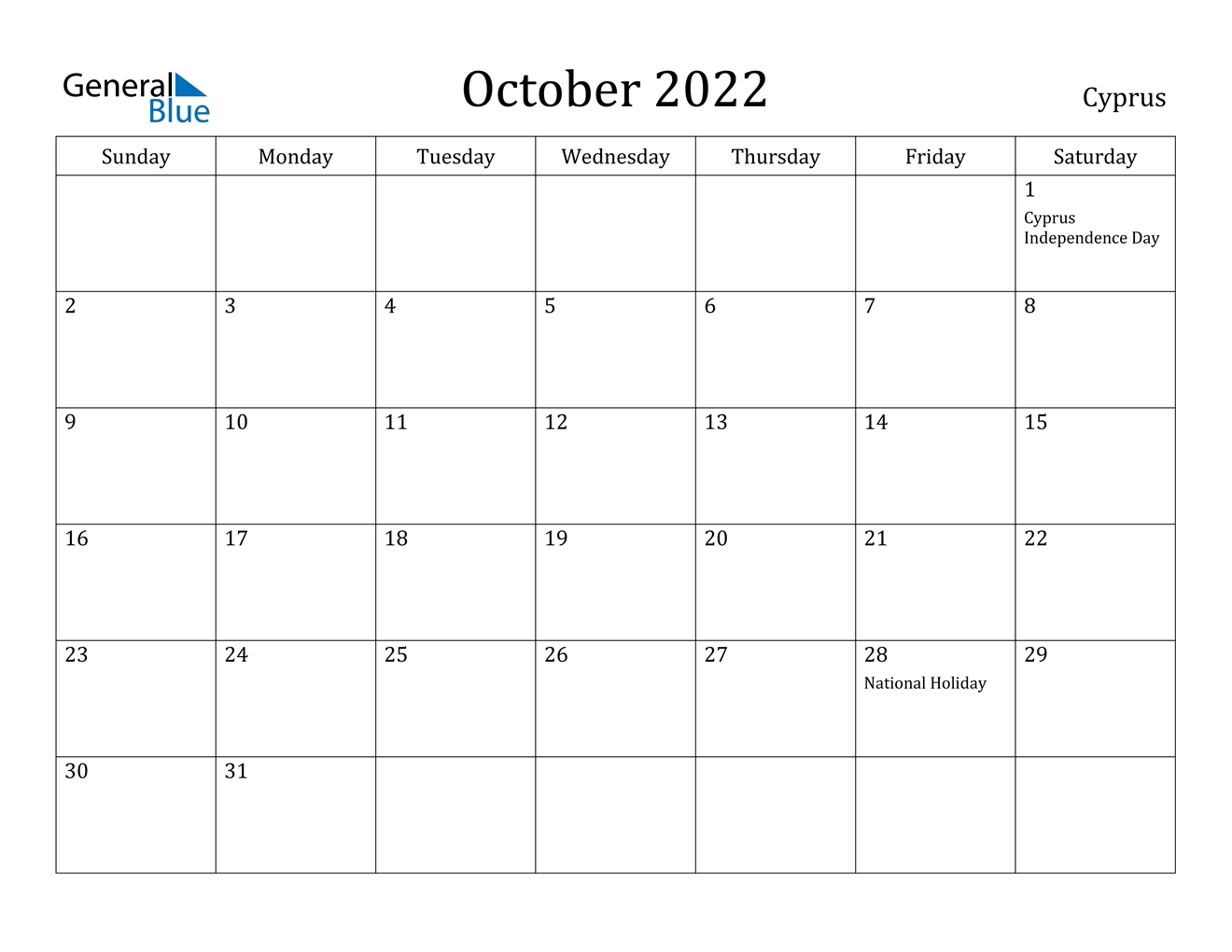 October 2022 Calendar - Cyprus