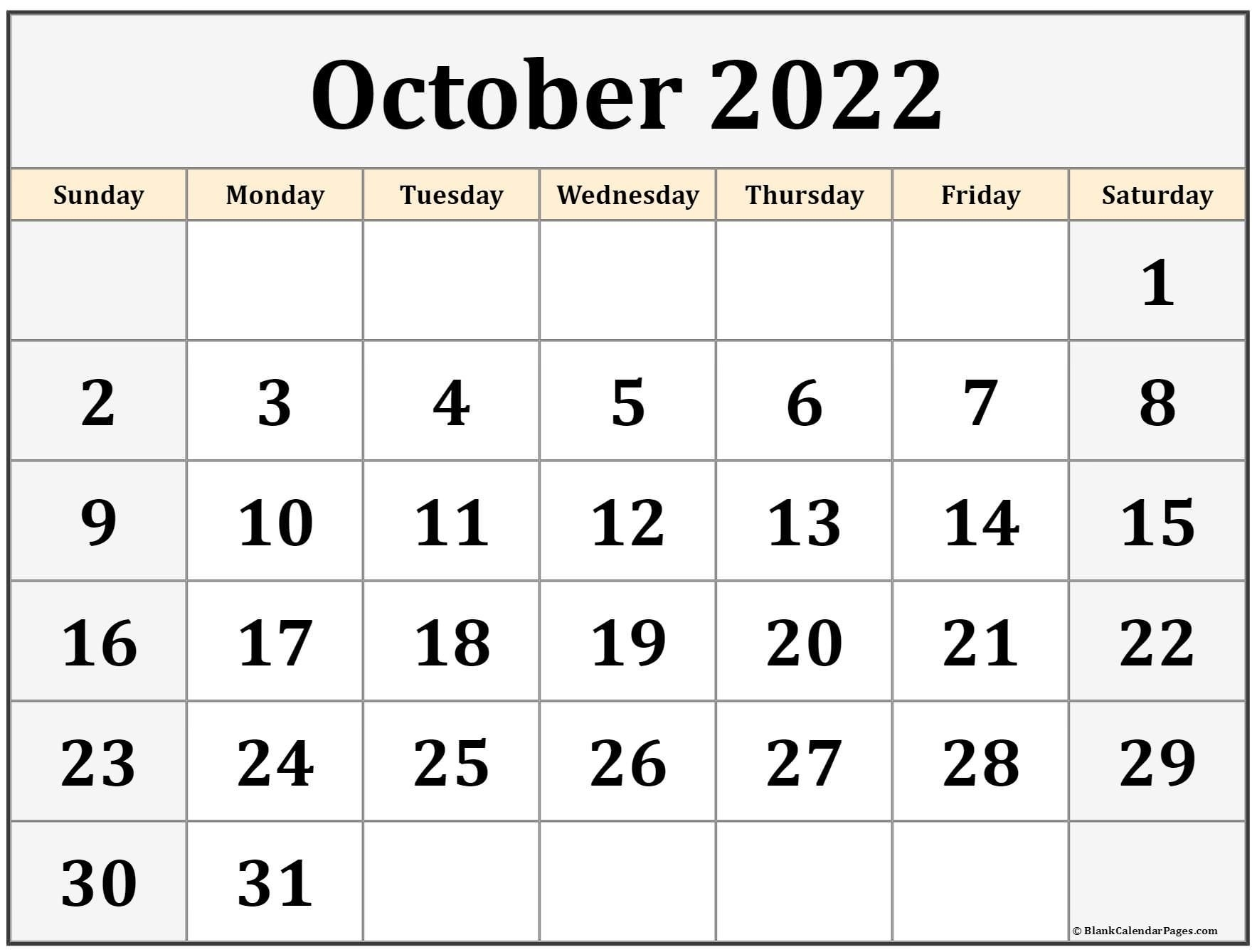 October 2022 Calendar | Free Printable Calendar Templates