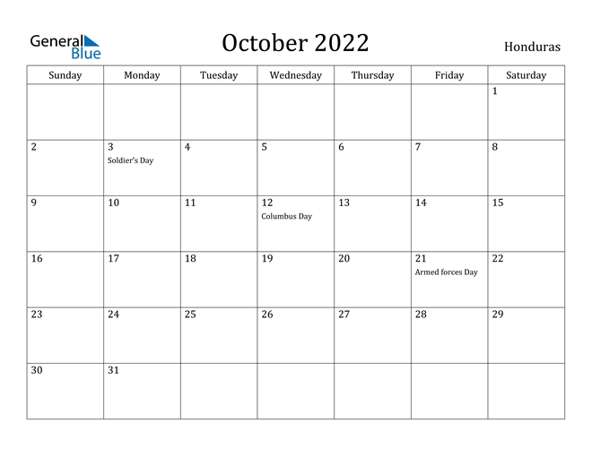 October 2022 Calendar - Honduras