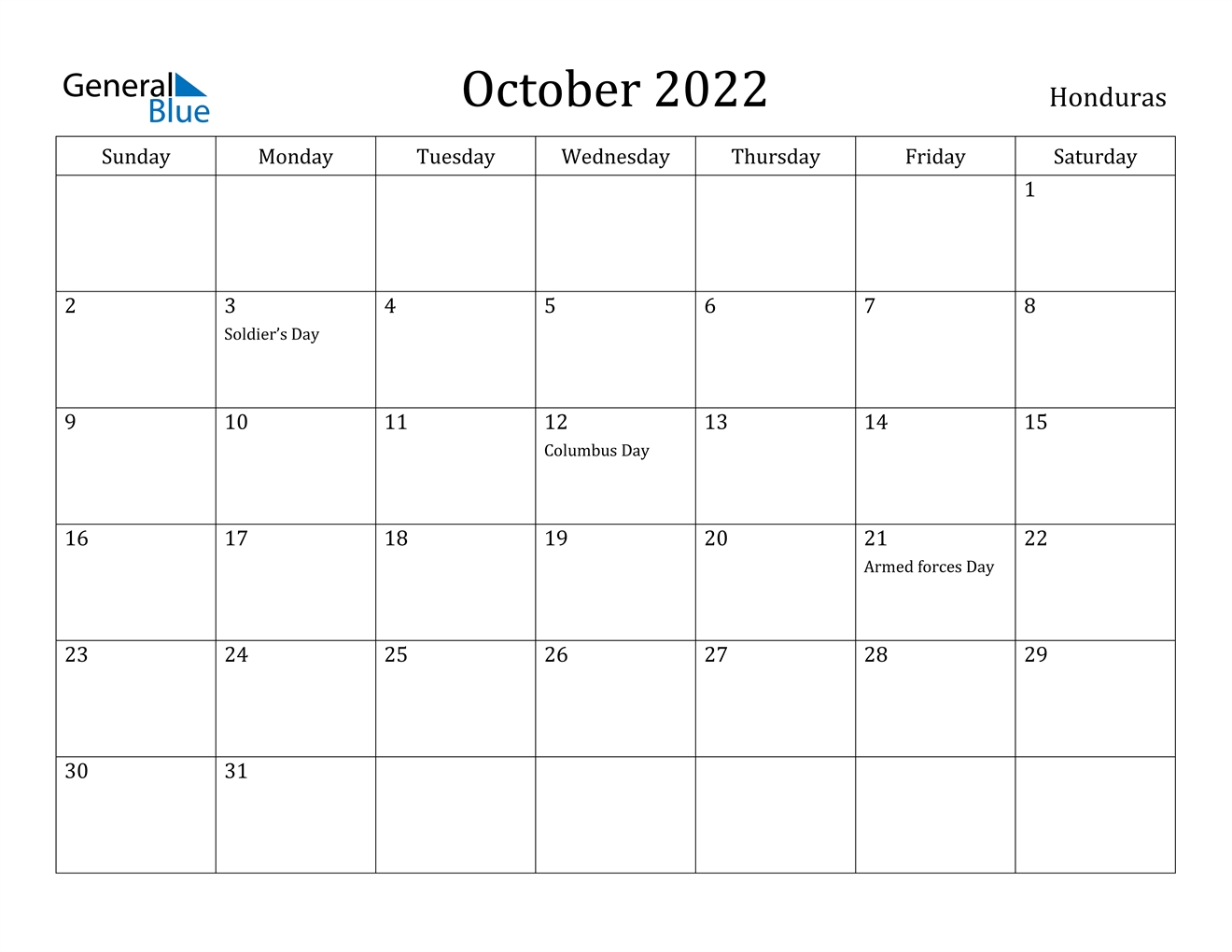 October 2022 Calendar - Honduras