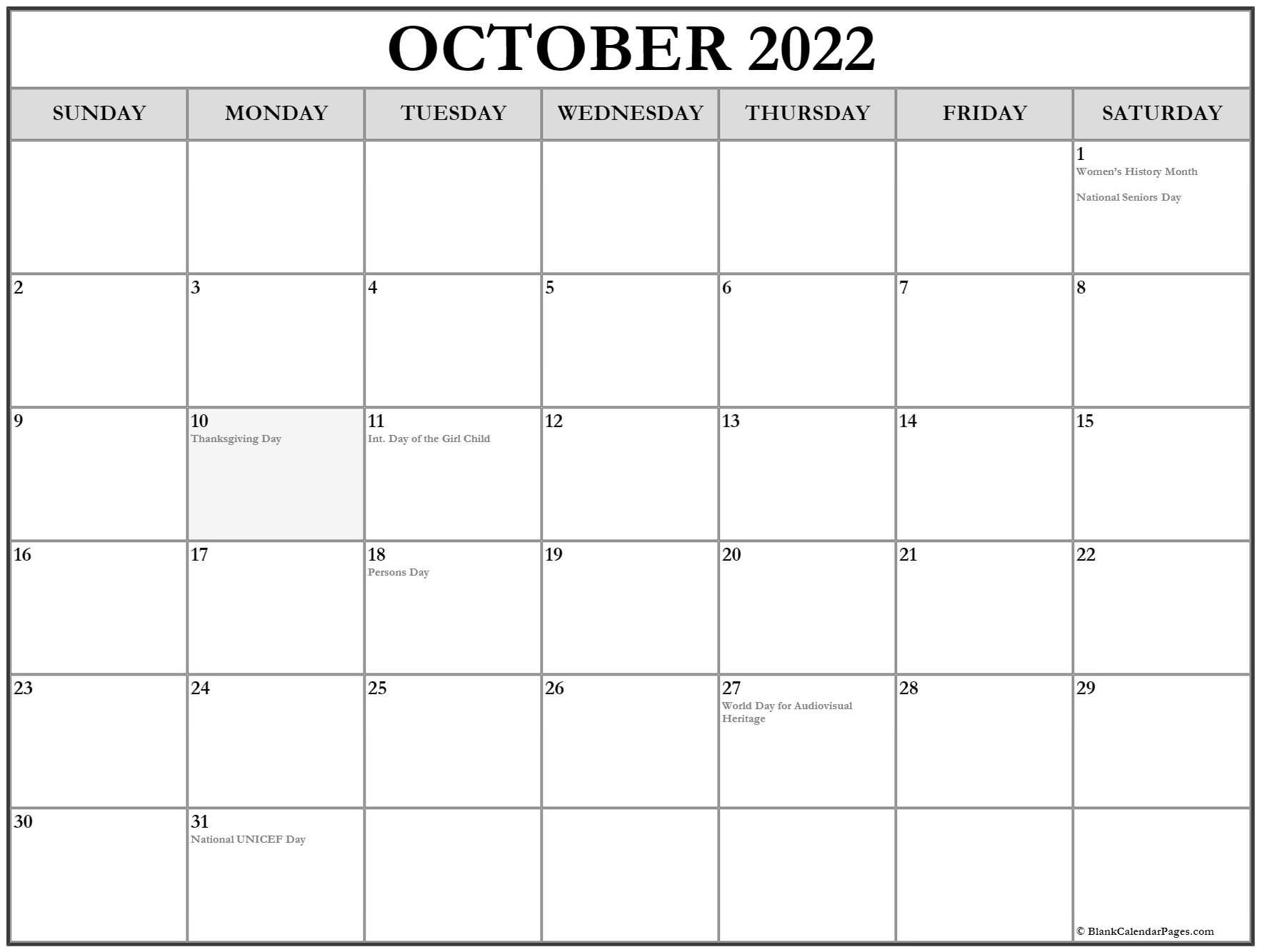 October 2022 With Holidays Calendar