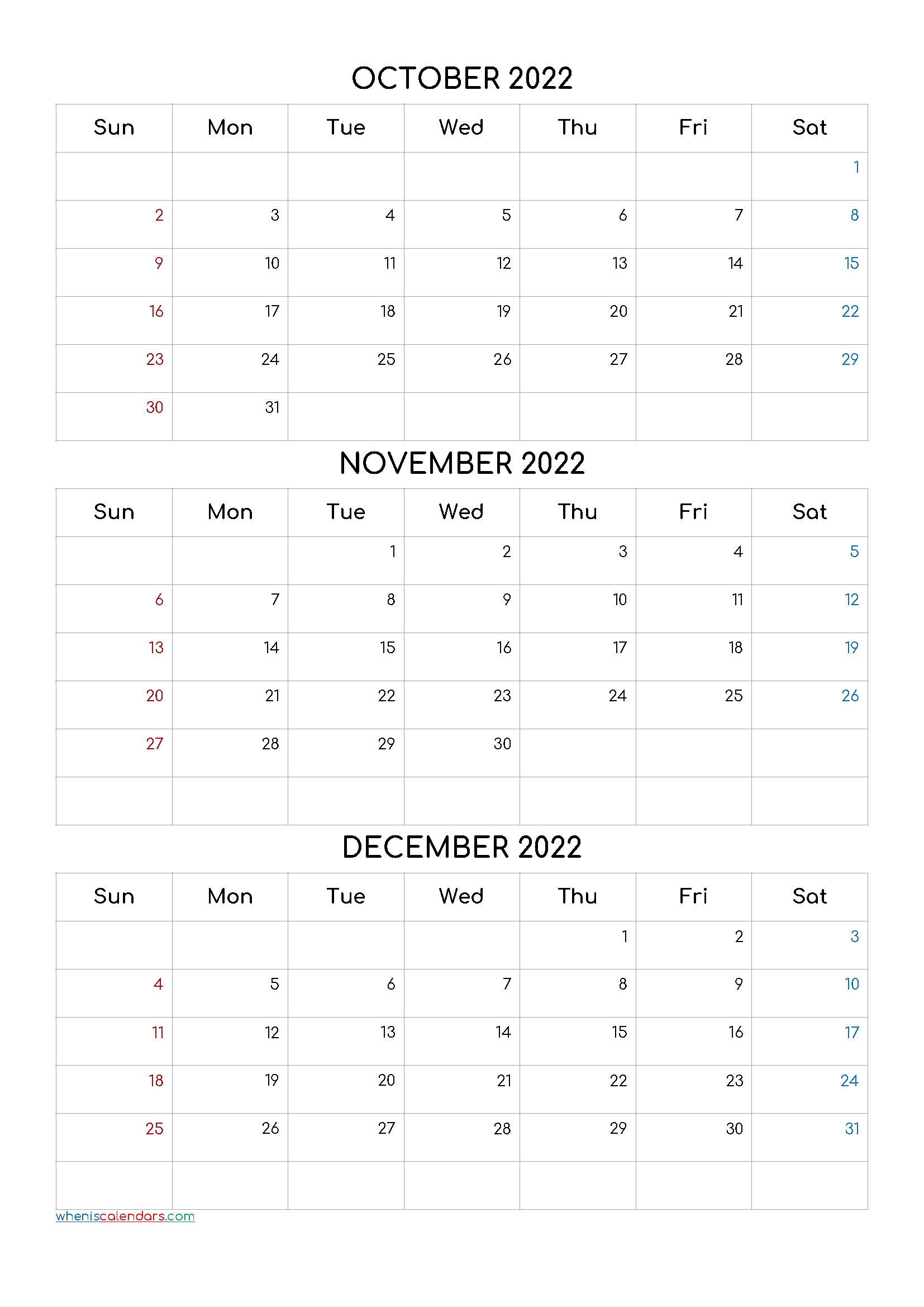 October November December 2022 Calendar Printable Free [Q1